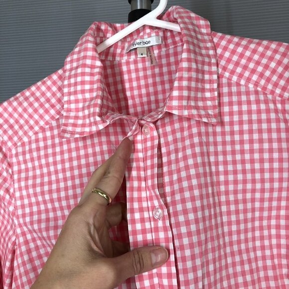 TYLER Boe Sherri Blossom Pink White Gingham Button Down Tunic Longer Blouse Sz 4 - Picture 7 of 11